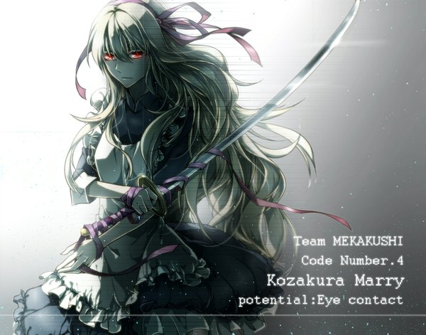 Anime picture 1427x1121 with kagerou project shaft (studio) mary (kagerou project) fukkin (hukkyunzzz) single long hair fringe blonde hair red eyes holding inscription glowing wavy hair glowing eye (eyes) serious glow girl dress hair ornament ribbon (ribbons)