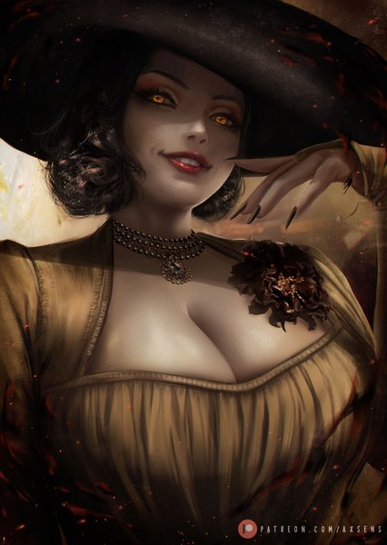 Anime picture 3547x5000 with resident evil resident evil village alcina dimitrescu axsen single tall image looking at viewer highres short hair breasts light erotic black hair smile yellow eyes absurdres cleavage upper body nail polish parted lips arm up