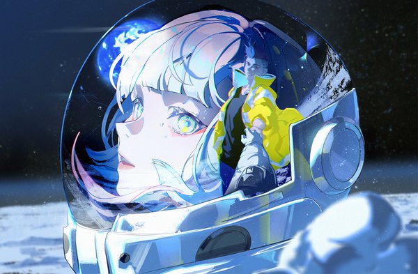 Anime picture 1527x1000 with cyberpunk edgerunners lucy (cyberpunk) david martinez lirseven looking at viewer short hair blue hair silver hair upper body open jacket tears holding hands reflection silver eyes girl boy jacket helmet spacesuit