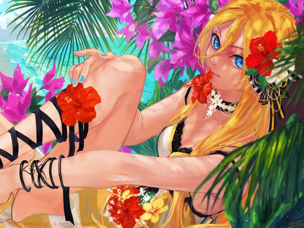 Anime picture 800x600 with vocaloid lily (vocaloid) yamakawa umi single long hair looking at viewer fringe blue eyes blonde hair hair between eyes holding signed sky bent knee (knees) nail polish hair flower tattoo beach mouth hold strap slip