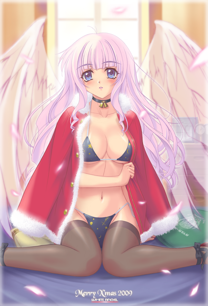 Anime picture 1693x2488 with original r1 single long hair tall image looking at viewer blush breasts blue eyes light erotic white hair christmas merry christmas girl thighhighs navel black thighhighs swimsuit bikini wings