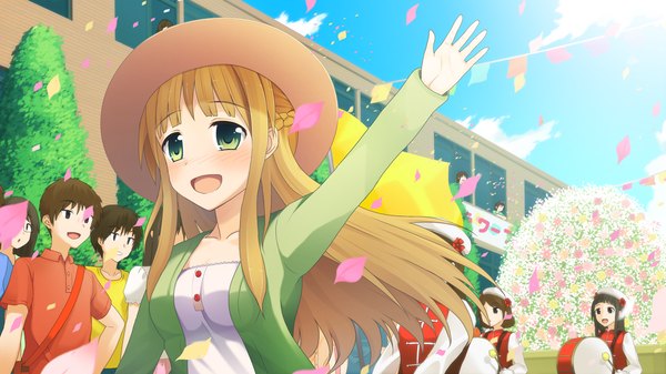 Anime picture 1280x720 with natsuiro asagao residence long hair blush open mouth blonde hair wide image green eyes game cg girl hat confetti string of flags