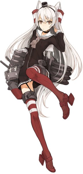 Anime picture 573x1190 with kantai collection amatsukaze destroyer rensouhou-kun miruto netsuki long hair tall image looking at viewer light erotic simple background white background brown eyes white hair two side up pantyshot girl thighhighs dress hair ornament underwear panties