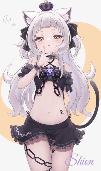 Anime picture 4438x7517 with virtual youtuber hololive murasaki shion higashigure single long hair tall image looking at viewer blush fringe highres simple background animal ears yellow eyes absurdres silver hair tail blunt bangs animal tail arm up