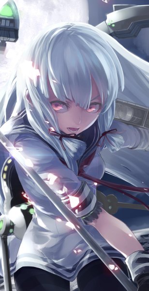 Anime picture 1188x2310 with kantai collection murakumo destroyer kumonji aruto single long hair tall image fringe breasts open mouth hair between eyes holding looking away white hair head tilt pink eyes from above wind night teeth night sky