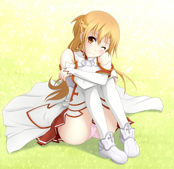 Anime picture 1028x1000 with sword art online a-1 pictures yuuki asuna iray single long hair blush light erotic blonde hair bare shoulders brown eyes one eye closed wink pantyshot sitting girl thighhighs skirt underwear panties detached sleeves