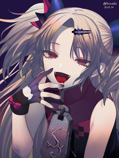 Anime picture 1500x2000 with virtual youtuber uni channel akatsuki uni fucodoku single long hair tall image open mouth blonde hair bare shoulders signed upper body from above fang (fangs) two side up sleeveless twitter username dated blood on face vampire