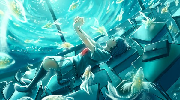 Anime picture 800x444 with original jon-lock (artist) short hair wide image blue hair bent knee (knees) lying eyes closed pleated skirt almost kiss girl skirt uniform school uniform animal water bubble (bubbles) table school bag fish (fishes)