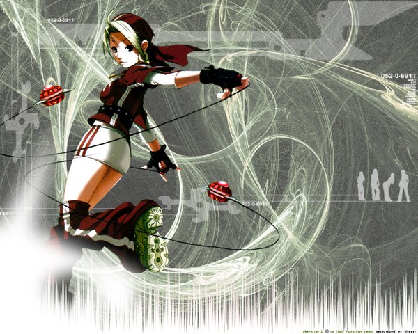 Anime picture 1280x1024 with the king of fighters snk malin (kof) falcoon shaqyl single looking at viewer short hair green eyes signed ahoge soles third-party edit girl skirt gloves earrings miniskirt fingerless gloves hoop earrings