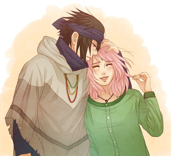 Anime picture 1253x1144 with naruto studio pierrot naruto (series) uchiha sasuke haruno sakura dymx (artist) blush short hair black hair simple background smile pink hair eyes closed light smile lips embarrassed couple hug happy girl