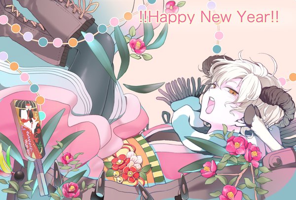 Anime picture 2039x1378 with original asasumiboochan single highres short hair open mouth yellow eyes white hair traditional clothes japanese clothes horn (horns) new year androgynous happy new year flower (flowers) pantyhose kimono black pantyhose scarf obi