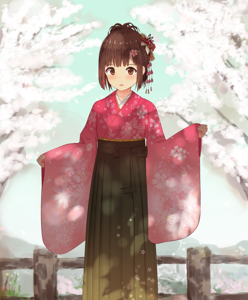 Anime picture 1158x1400 with original minagiku single tall image blush fringe short hair open mouth brown hair standing brown eyes long sleeves traditional clothes japanese clothes hair flower sunlight wide sleeves floral print girl hair ornament