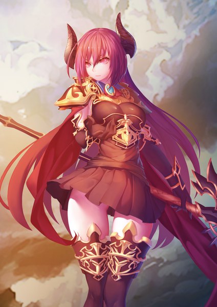 Anime-Bild 2480x3508 mit shingeki no bahamut forte (shingeki no bahamut) gallant99770 single long hair tall image looking at viewer fringe highres breasts hair between eyes red eyes large breasts standing holding payot red hair pleated skirt horn (horns) wind