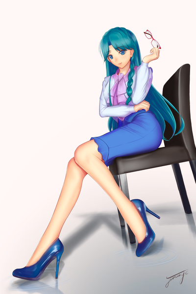 Anime picture 2400x3600 with original j orange single long hair tall image highres blue eyes sitting blue hair braid (braids) legs girl skirt glasses shoes chair
