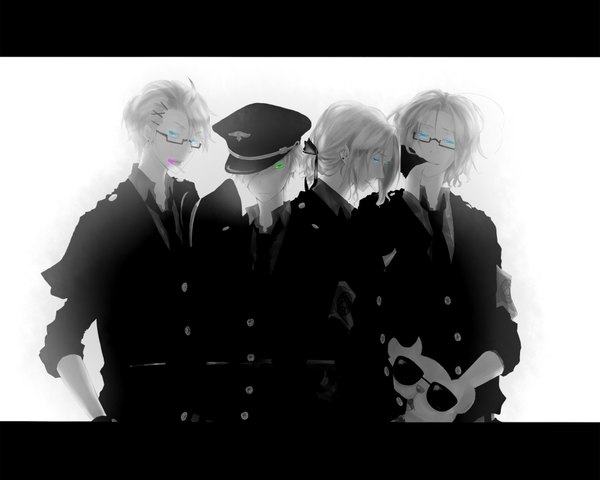 Anime picture 1875x1500 with axis powers hetalia studio deen america (hetalia) france (hetalia) canada (hetalia) england (hetalia) looking at viewer highres short hair blue eyes simple background white background green eyes profile light smile grey hair multiple boys monochrome framed twisty sleeves