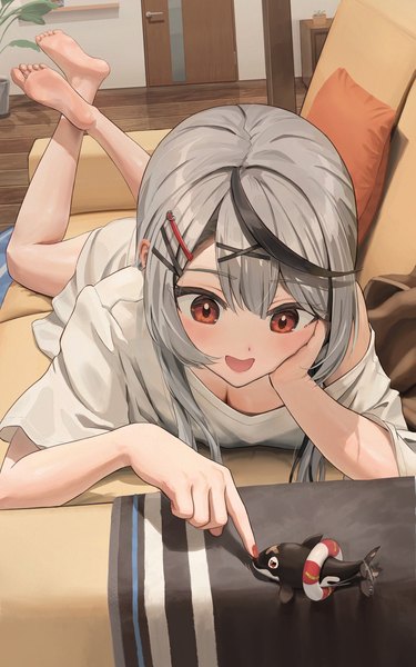 Anime-Bild 2790x4462 mit virtual youtuber hololive sakamata chloe remi (rem67763852) single long hair tall image highres open mouth light erotic smile red eyes cleavage indoors lying barefoot grey hair looking down soles on stomach