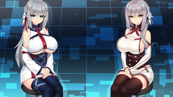 Anime picture 1920x1080 with original russia (dangan neko) charute (dangan neko) dangan neko long hair blush fringe highres breasts blue eyes light erotic smile hair between eyes wide image large breasts sitting bare shoulders multiple girls signed yellow eyes