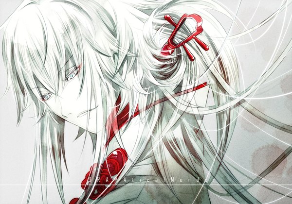 イラスト 2000x1400 と ドラマティカル マーダー nitro+chiral 蒼葉 kariya (artist) ソロ 長髪 highres 青い目 white hair inscription monochrome 男性