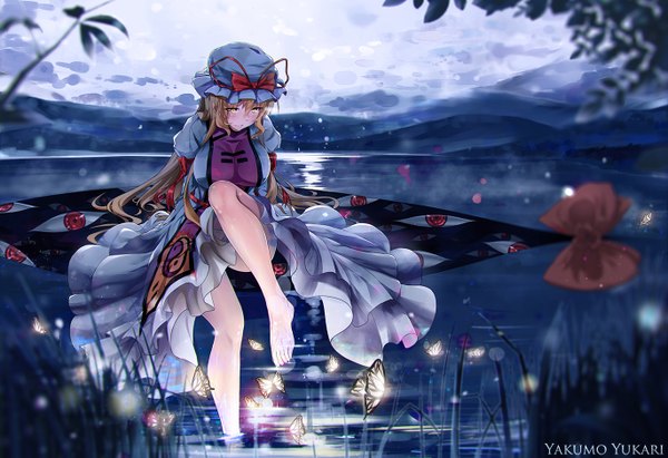 Anime picture 1370x940 with touhou yakumo yukari xiaoyin li single long hair looking at viewer blonde hair sitting yellow eyes barefoot bare legs character names eyes lake gap girl dress bow water insect