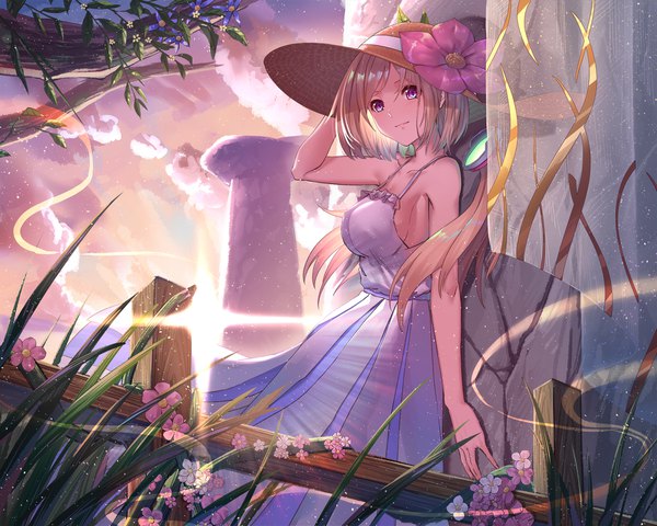 Anime picture 1920x1536 with virtual youtuber hololive aki rosenthal ten no hoshi single long hair looking at viewer highres breasts blonde hair purple eyes twintails outdoors sunlight alternate costume sideboob hand on head girl dress flower (flowers)