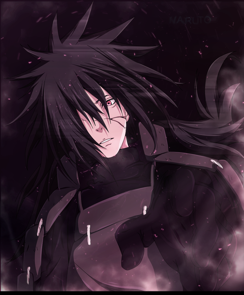 Anime picture 1024x1238 with naruto studio pierrot naruto (series) uchiha madara zetsu-c single long hair tall image fringe black hair red eyes hair over one eye night night sky coloring smoke boy gloves black gloves armor