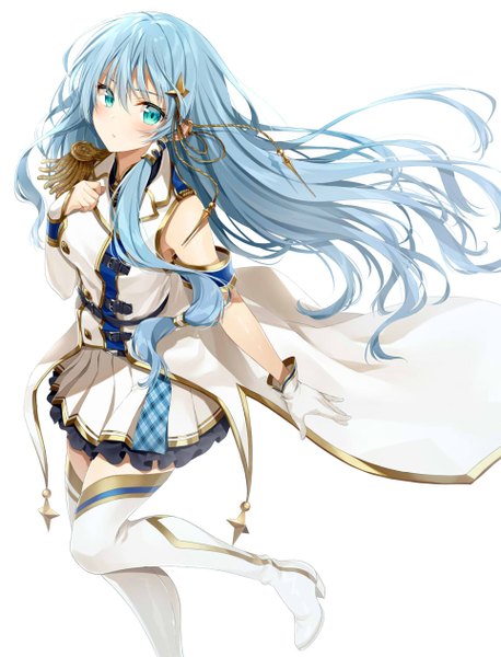 Anime picture 964x1264 with call of medic lilith (call of medic) kakao rantan single long hair tall image looking at viewer blush fringe simple background hair between eyes standing white background blue hair bent knee (knees) pleated skirt arm up aqua eyes official art high heels