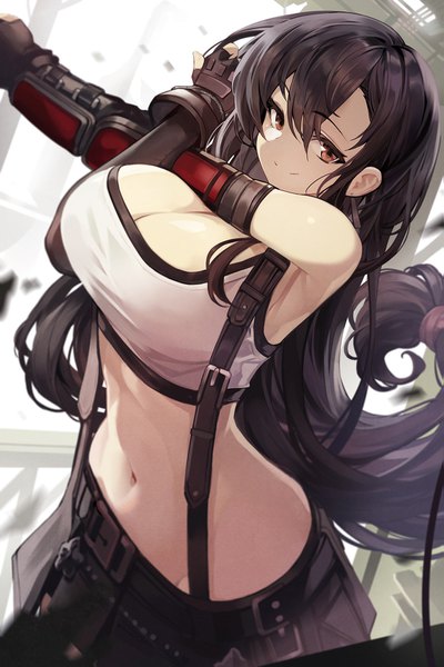 Anime picture 1167x1750 with final fantasy final fantasy vii final fantasy vii remake square enix tifa lockhart goomrrat single long hair tall image looking at viewer fringe breasts light erotic black hair hair between eyes large breasts standing brown eyes cleavage arms up