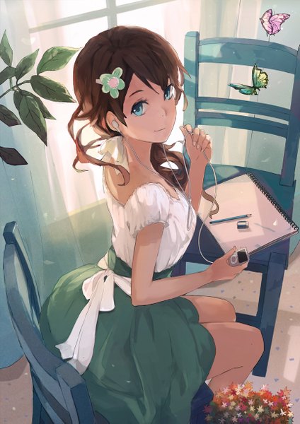 Anime picture 862x1219 with original ooi choon liang single long hair tall image looking at viewer brown hair sitting ponytail indoors hair flower aqua eyes light smile turning head girl skirt hair ornament flower (flowers) plant (plants) window