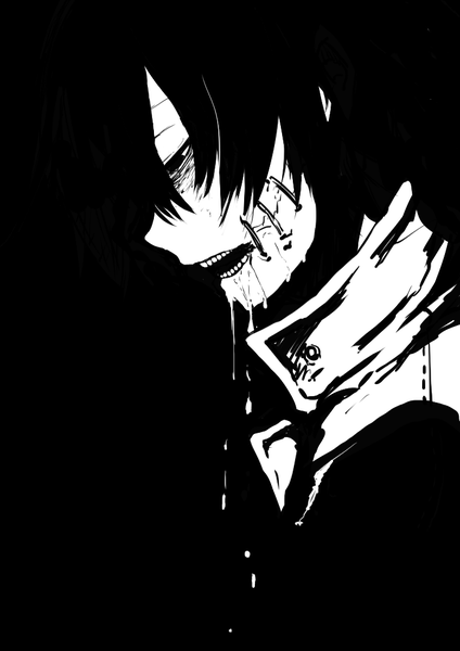 Anime-Bild 729x1032 mit shakai futekigoo iinkai akinashi yuu (shakai futekigoo iinkai) itosiki zetu single tall image fringe short hair open mouth hair between eyes profile teeth black background looking down monochrome scar saliva boy thread stitches