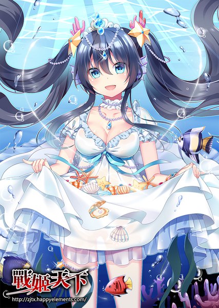 Anime picture 640x900 with zhan ji tian xia mvv single long hair tall image looking at viewer fringe breasts blue eyes light erotic black hair hair between eyes twintails cleavage copyright name floating hair underwater dress lift girl dress