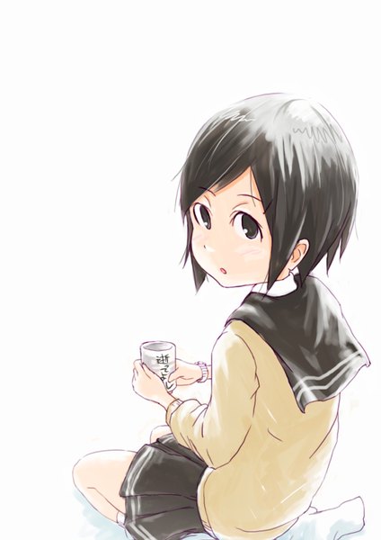 Anime picture 1033x1462 with original noeldon (okamocheese) single tall image blush short hair black hair simple background white background sitting pleated skirt looking back barefoot black eyes girl uniform school uniform miniskirt socks white socks