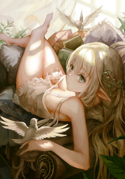 Anime picture 2057x2934 with original okuma mai single long hair tall image fringe highres breasts light erotic blonde hair hair between eyes large breasts holding green eyes looking away cleavage barefoot from above scan mole