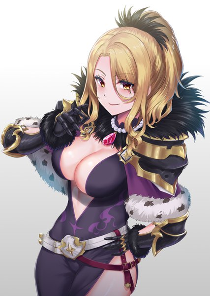 Anime picture 2020x2835 with princess connect! re:dive princess connect! christina (princess connect!) rama (yu-light8) single long hair tall image looking at viewer fringe highres breasts light erotic simple background blonde hair smile large breasts standing white background yellow eyes cleavage