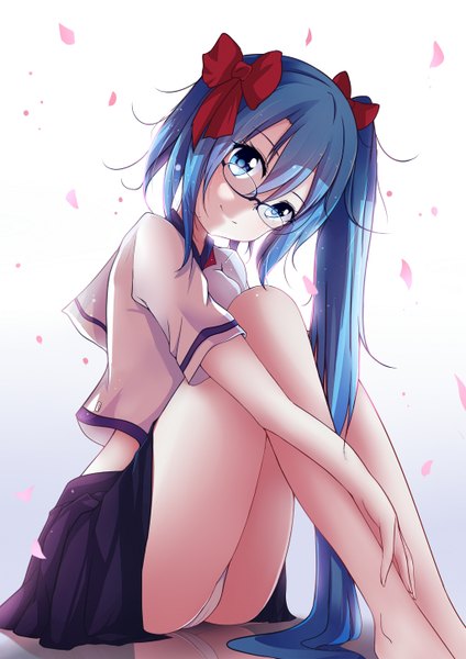 Anime picture 1024x1448 with vocaloid hatsune miku qingye ling single long hair tall image looking at viewer fringe blue eyes light erotic simple background smile hair between eyes twintails blue hair bent knee (knees) head tilt pleated skirt barefoot bare legs