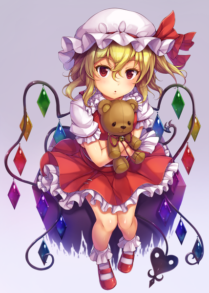 Anime picture 1500x2104 with touhou flandre scarlet snowcanvas single tall image looking at viewer fringe short hair simple background blonde hair hair between eyes red eyes sitting full body parted lips short sleeves hug one side up frilly skirt purple background