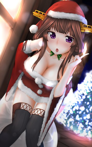Anime picture 1128x1800 with kantai collection kongou battleship single long hair tall image looking at viewer blush fringe breasts open mouth light erotic brown hair standing purple eyes bare shoulders cleavage blunt bangs blurry wide sleeves :o