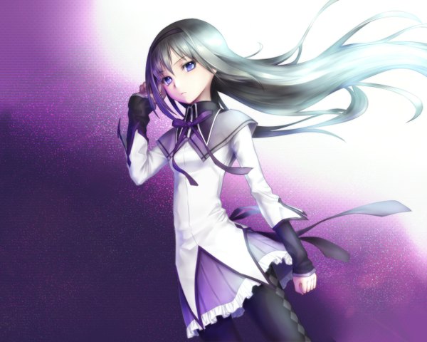 Anime picture 1280x1024 with mahou shoujo madoka magica shaft (studio) akemi homura yuuno (hack y) single long hair black hair purple eyes girl hairband