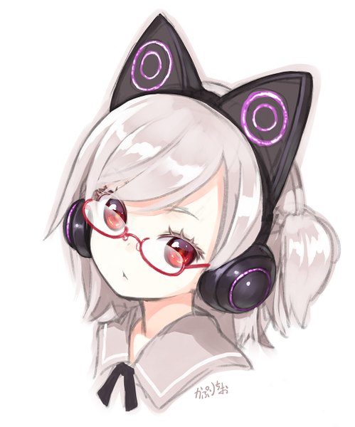 Anime picture 1001x1204 with original kaburi chiko capriccio single long hair tall image fringe simple background red eyes white background twintails signed animal ears white hair head tilt cat ears girl glasses headphones cat ear headphones