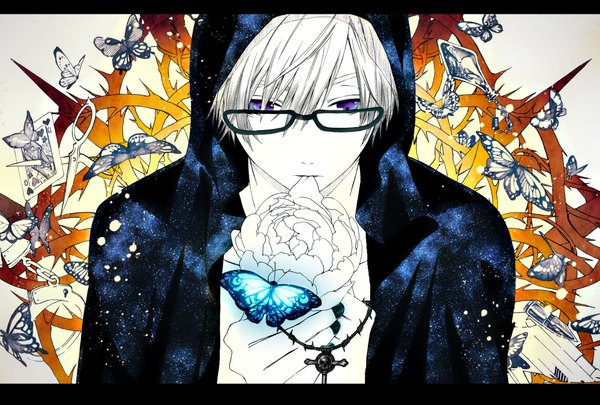 Anime picture 2000x1350 with original kagono (artist) single highres short hair purple eyes white hair mouth hold letterboxed milky way boy flower (flowers) glasses hood insect butterfly star (stars) cross water drop bottle