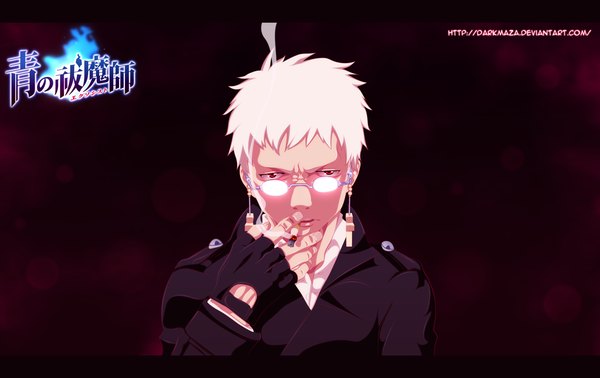 Anime picture 3333x2100 with ao no exorcist a-1 pictures fujimoto shirou darkmaza single highres short hair red eyes absurdres white hair coloring hieroglyph letterboxed smoke smoking boy gloves earrings black gloves glasses