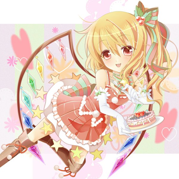 Anime picture 1000x1000 with touhou flandre scarlet nekosugi (hoshi) single blush short hair open mouth blonde hair red eyes girl gloves wings elbow gloves sweets star (symbol) cake