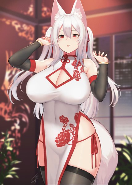Anime picture 893x1253 with original hayabusa single long hair tall image looking at viewer blush fringe breasts open mouth light erotic hair between eyes red eyes standing bare shoulders signed animal ears payot white hair indoors