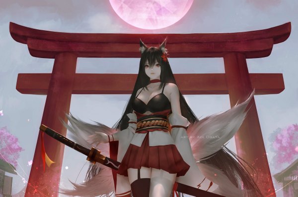 Anime-Bild 2400x1586 mit original aoi ogata single looking at viewer fringe highres light erotic black hair hair between eyes red eyes standing bare shoulders animal ears sky outdoors tail very long hair traditional clothes japanese clothes animal tail
