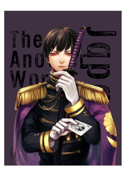 Anime picture 615x875 with axis powers hetalia japan (hetalia) tsukiho (noise46) single tall image looking at viewer fringe short hair black hair simple background red eyes holding inscription text portrait english framed purple background boy gloves