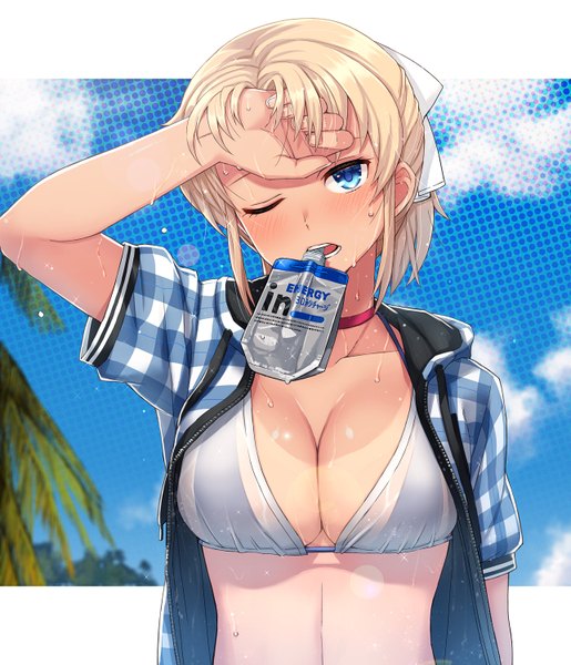 Anime picture 1286x1500 with original itou (onsoku tassha) single tall image looking at viewer blush short hair breasts blue eyes light erotic blonde hair large breasts holding cleavage upper body one eye closed arm up wink open clothes sweat