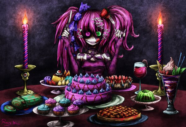 Anime picture 2000x1367 with vocaloid hatsune miku ray-k fringe highres smile twintails pink hair heterochromia eyes crazy girl hair ornament food sweets tongue hairclip ice cream fire candy