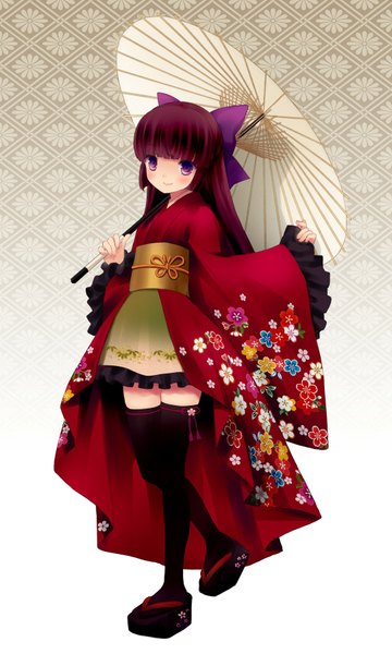 Anime picture 1080x1800 with original suzu (artist) single long hair tall image blush fringe smile brown hair purple eyes traditional clothes japanese clothes half updo girl thighhighs flower (flowers) bow black thighhighs hair bow umbrella