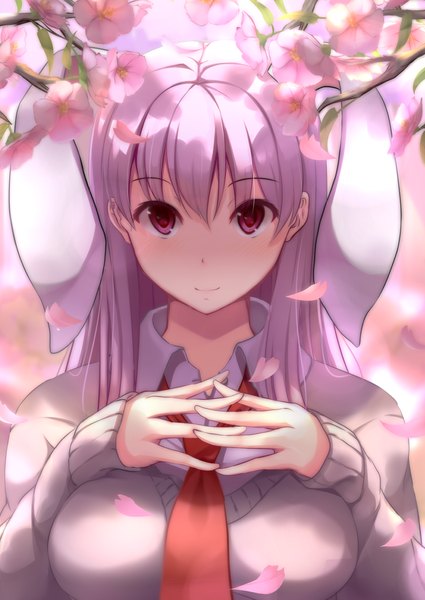 Anime picture 1074x1517 with touhou reisen udongein inaba nicoby single long hair tall image looking at viewer blush red eyes animal ears pink hair bunny ears cherry blossoms bunny girl interlocked fingers girl flower (flowers) plant (plants) petals tree (trees)