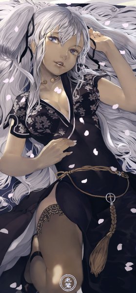 Anime picture 466x1000 with mabinogi nao (mabinogi) toro single long hair tall image looking at viewer open mouth blue eyes twintails white hair girl thighhighs dress ribbon (ribbons) black thighhighs hair ribbon petals