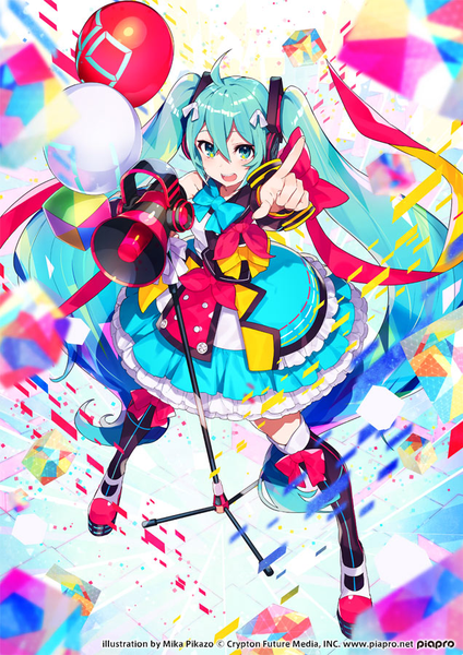 Anime picture 636x900 with vocaloid magical mirai (vocaloid) hatsune miku magical mirai miku magical mirai miku (2018) mika pikazo single tall image looking at viewer blush fringe open mouth smile hair between eyes standing twintails holding full body ahoge very long hair